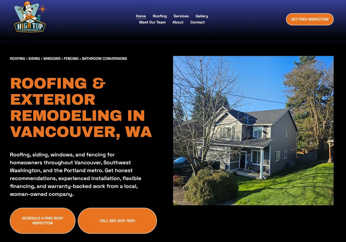 High Top Exteriors website showing a two-story gray house with roofing and exterior remodeling services in Vancouver, WA
