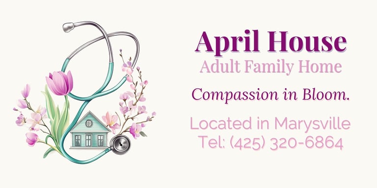 April House Adult Family Home logo featuring a stethoscope wrapped around pink flowers and a small house, with tagline Compassion in Bloom.