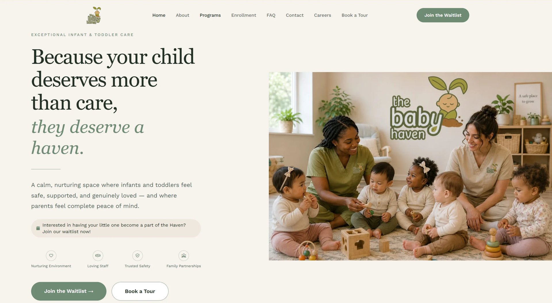 Childcare website homepage showing tagline and image of caregiver with babies in nursery