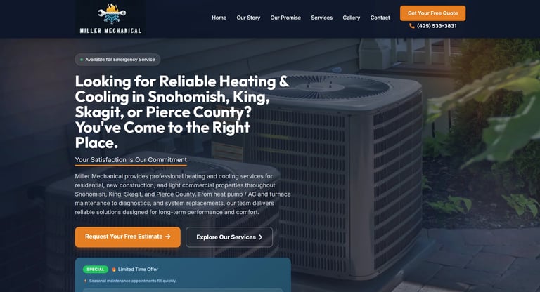 Miley Mechanical website homepage featuring HVAC company services for Snohomish and King County with large outdoor AC unit image