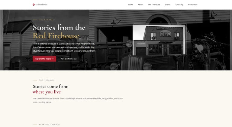Website banner for Stories from the Red Firehouse with vintage firehouse and equipment imagery on dark background