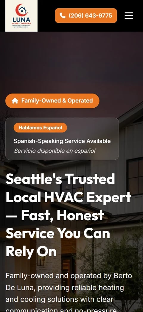 Luna Home Comfort HVAC services website header featuring their logo, phone number, family-owned badge, and Spanish-speaking service tagline