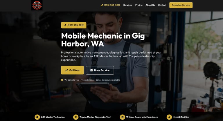 Mobile mechanic in work uniform servicing vehicle with website header promoting automotive repair services in Gig Harbor, WA