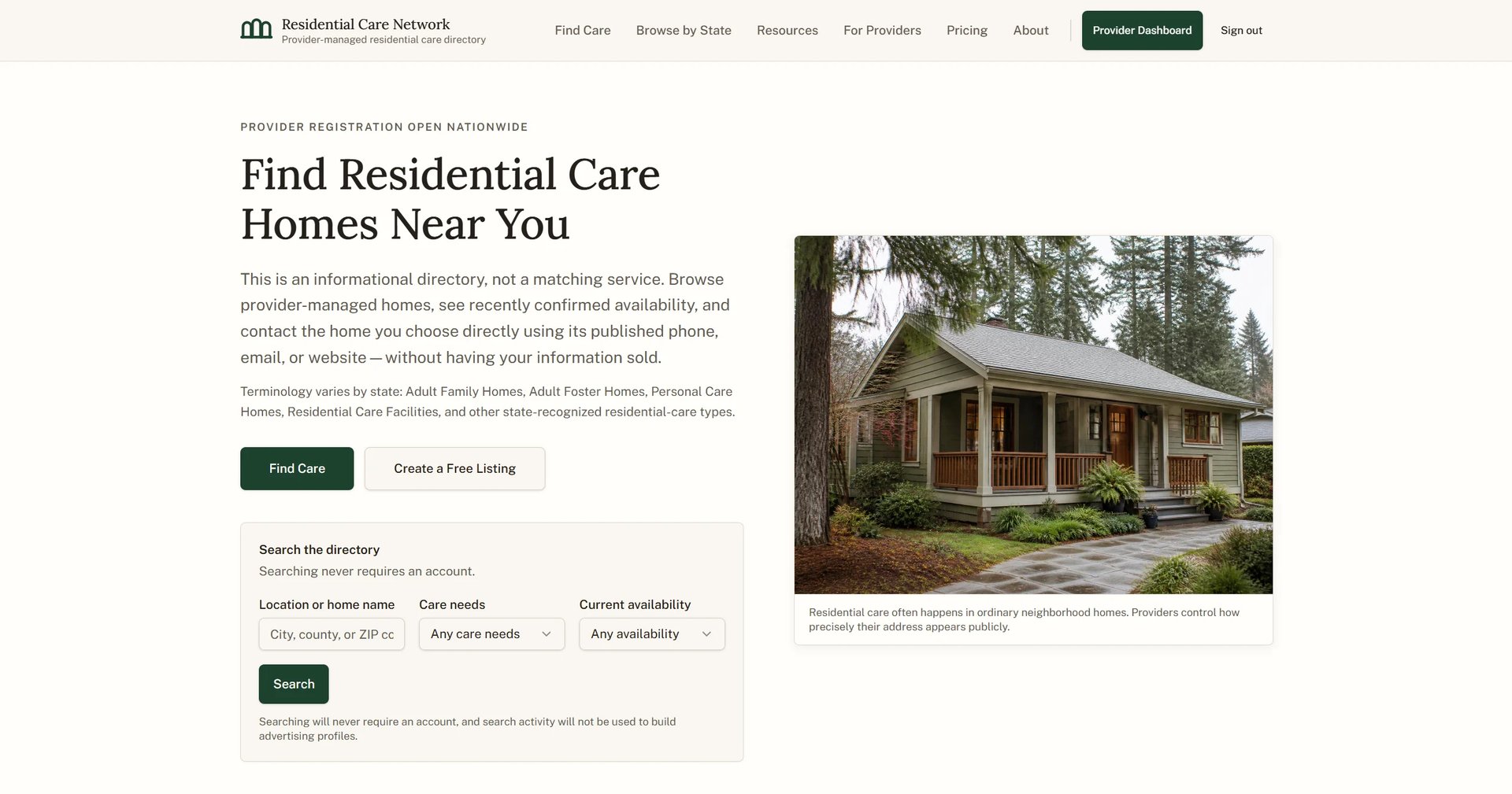 Residential Care Network website homepage showing search tools to find care homes and a photo of a brick cottage surrounded by trees