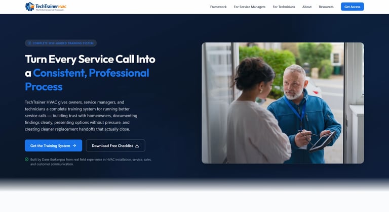 TechTrainer HVAC website hero section showing two technicians