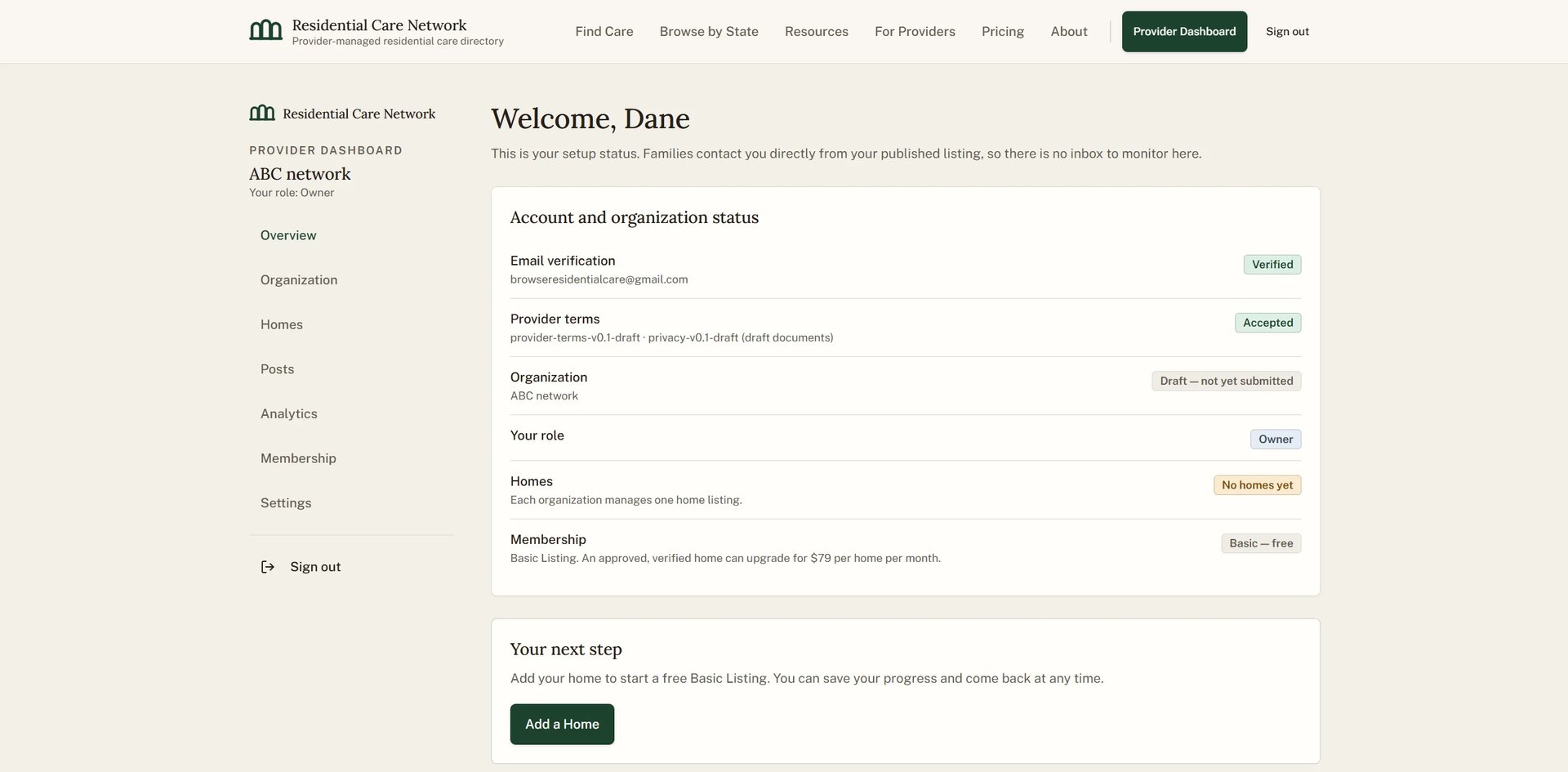 Residential Care Network dashboard welcome page showing account status, organization details, and next steps section