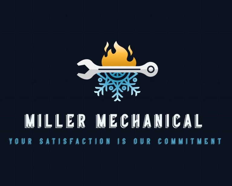 Miller Mechanical logo with wrench tool, flame, and snowflake icons on dark background, tagline Your Satisfaction Is Our Commitment