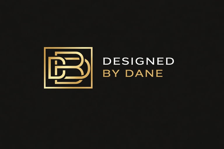 Gold and white Designed By Dane logo featuring a stylized DB monogram in a geometric square frame on dark background