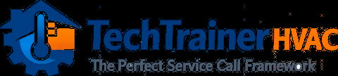 TechTrainer HVAC logo with house and wrench icon, tagline about service call framework