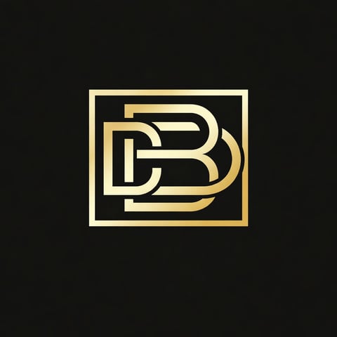 Gold and black logo featuring stylized letters D and B in a geometric, interlocking design within a rectangular frame